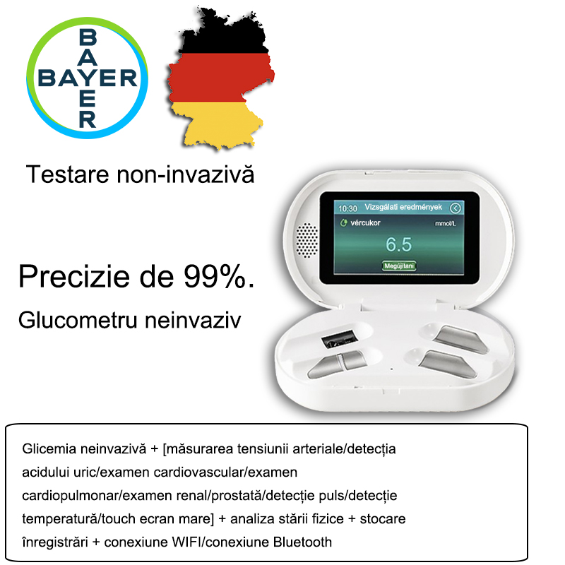 Glicemia neinvazivă + [măsurarea tensiunii arteriale/detecția acidului uric/examen cardiovascular/examen cardiopulmonar/examen renal/prostată/detecție puls/detecție temperatură/touch ecran mare] + analiza stării fizice + stocare înregistrări + conexiune WIFI/conexiune Bluetooth